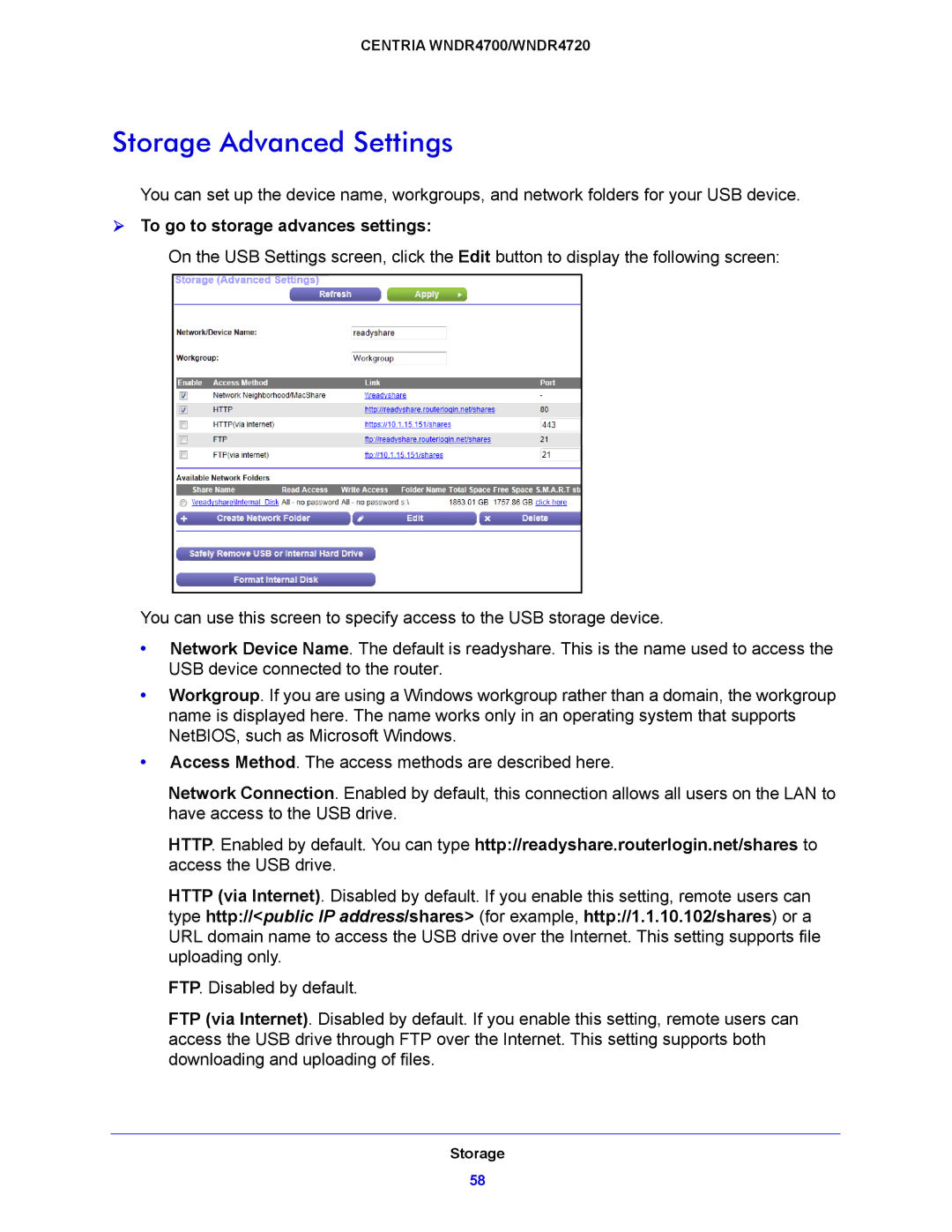 NETGEAR WNDR4700, WNDR4720 user manual Storage Advanced Settings,  To go to storage advances settings 