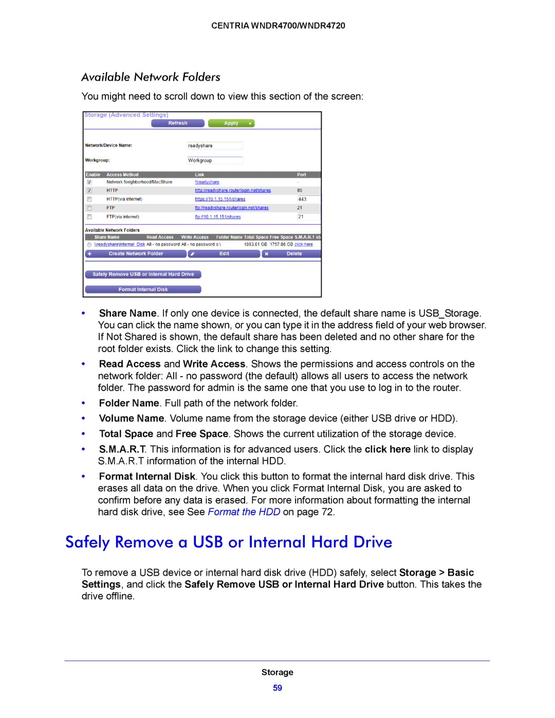 NETGEAR WNDR4720, WNDR4700 user manual Safely Remove a USB or Internal Hard Drive, Available Network Folders 