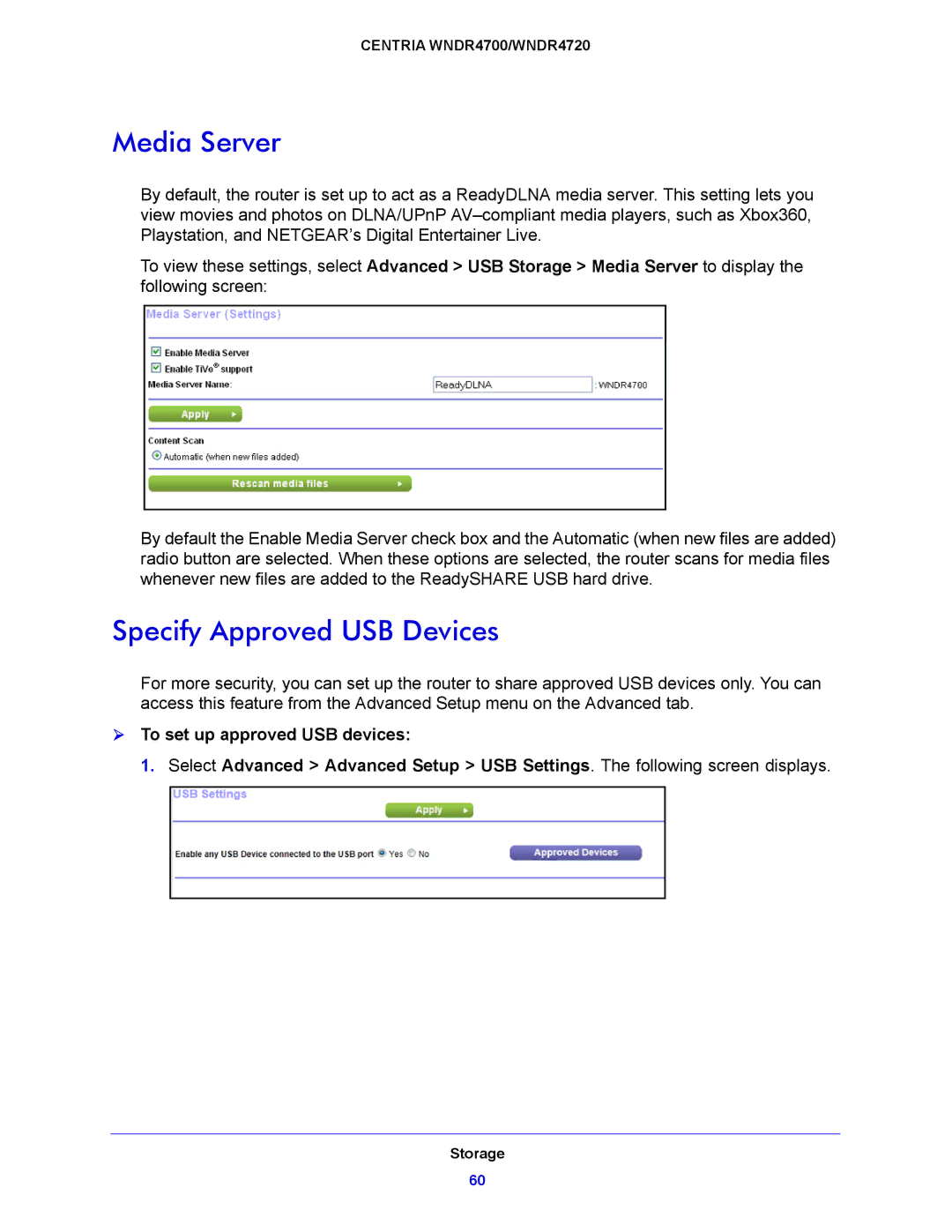 NETGEAR WNDR4700, WNDR4720 user manual Media Server, Specify Approved USB Devices 