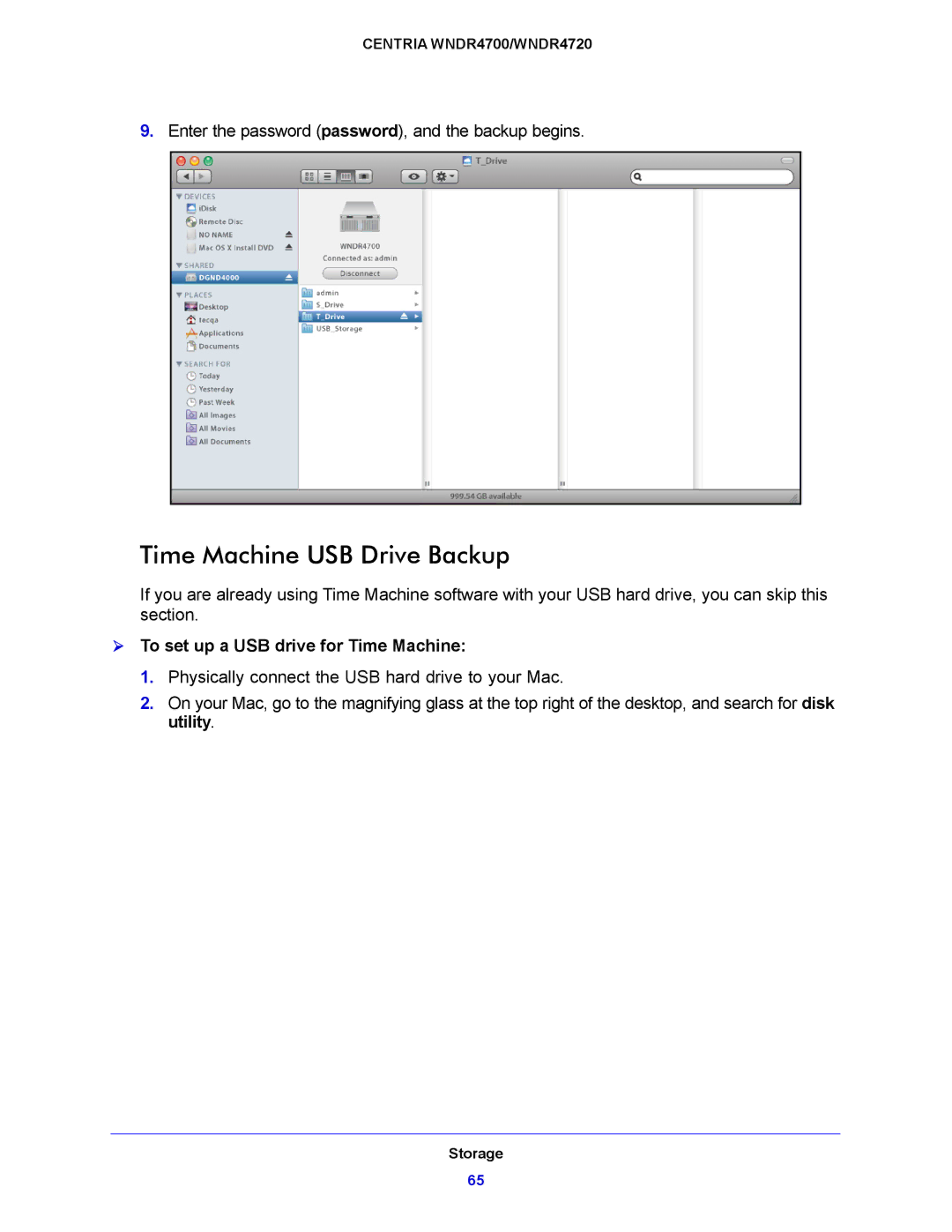 NETGEAR WNDR4720, WNDR4700 user manual Time Machine USB Drive Backup,  To set up a USB drive for Time Machine 