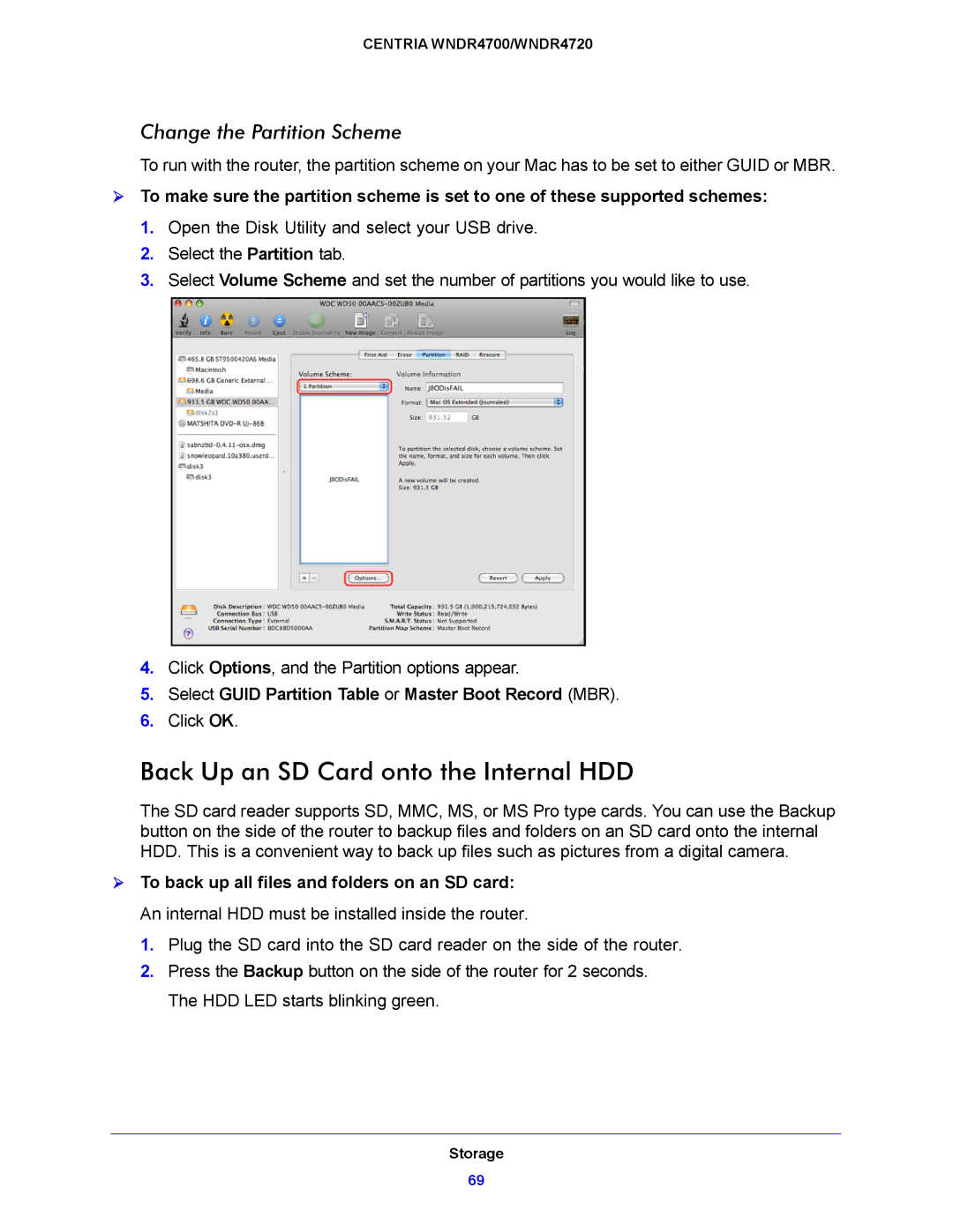 NETGEAR WNDR4720, WNDR4700 user manual Back Up an SD Card onto the Internal HDD, Change the Partition Scheme 