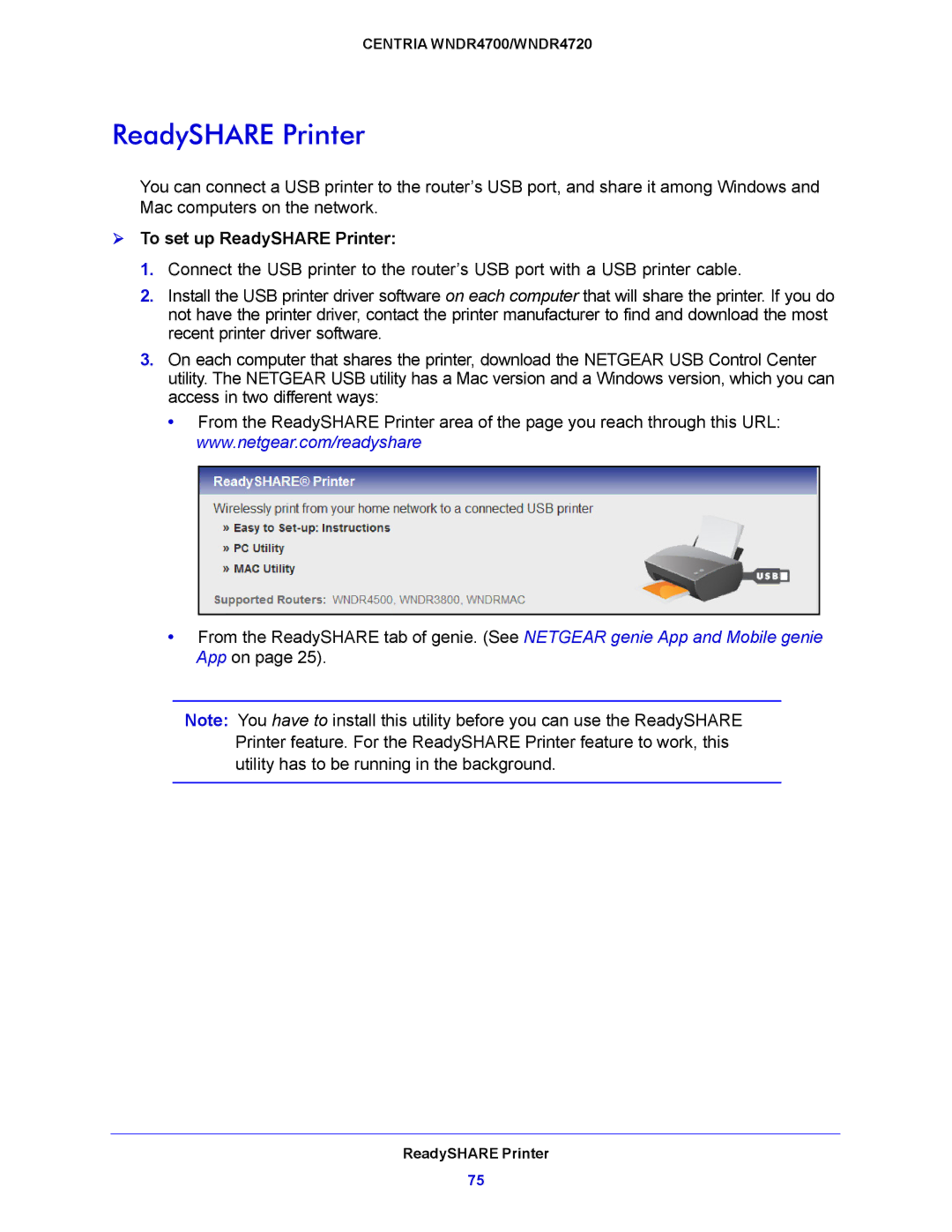 NETGEAR WNDR4720, WNDR4700 user manual  To set up ReadySHARE Printer 