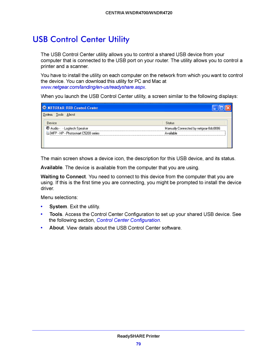 NETGEAR WNDR4720, WNDR4700 user manual USB Control Center Utility 