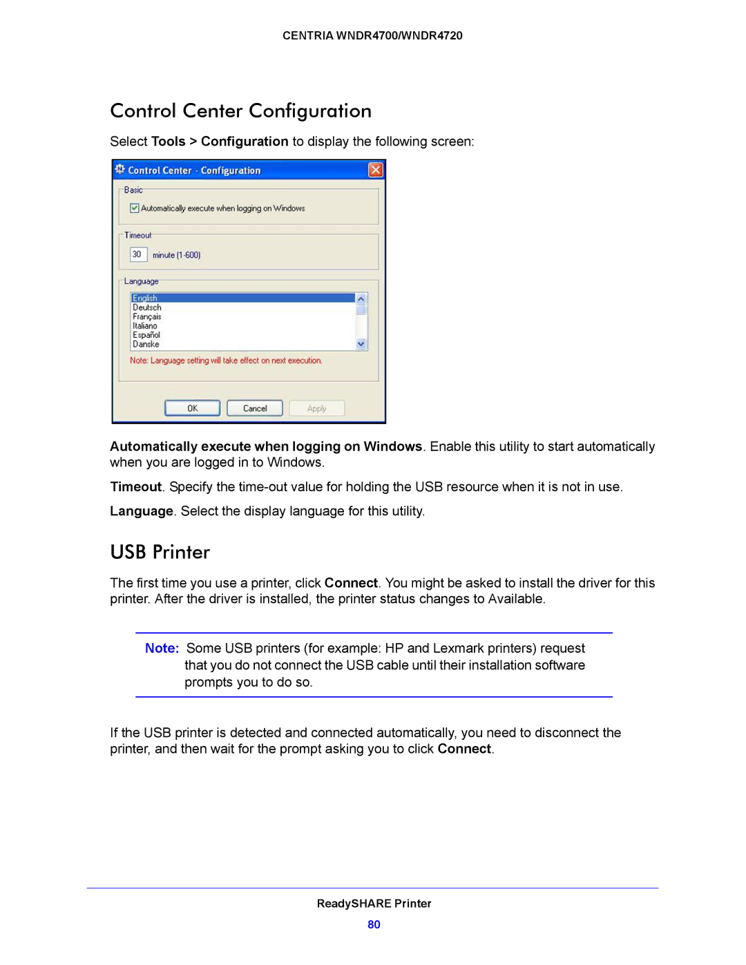 NETGEAR WNDR4700, WNDR4720 user manual Control Center Configuration, USB Printer 