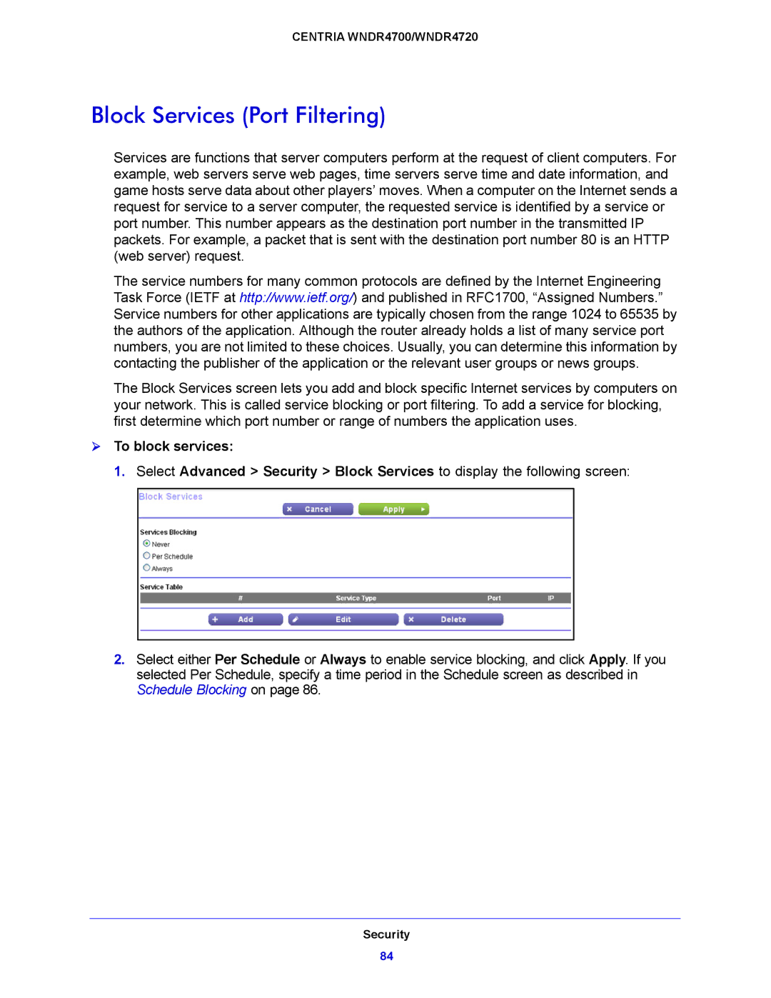 NETGEAR WNDR4700, WNDR4720 user manual Block Services Port Filtering,  To block services 