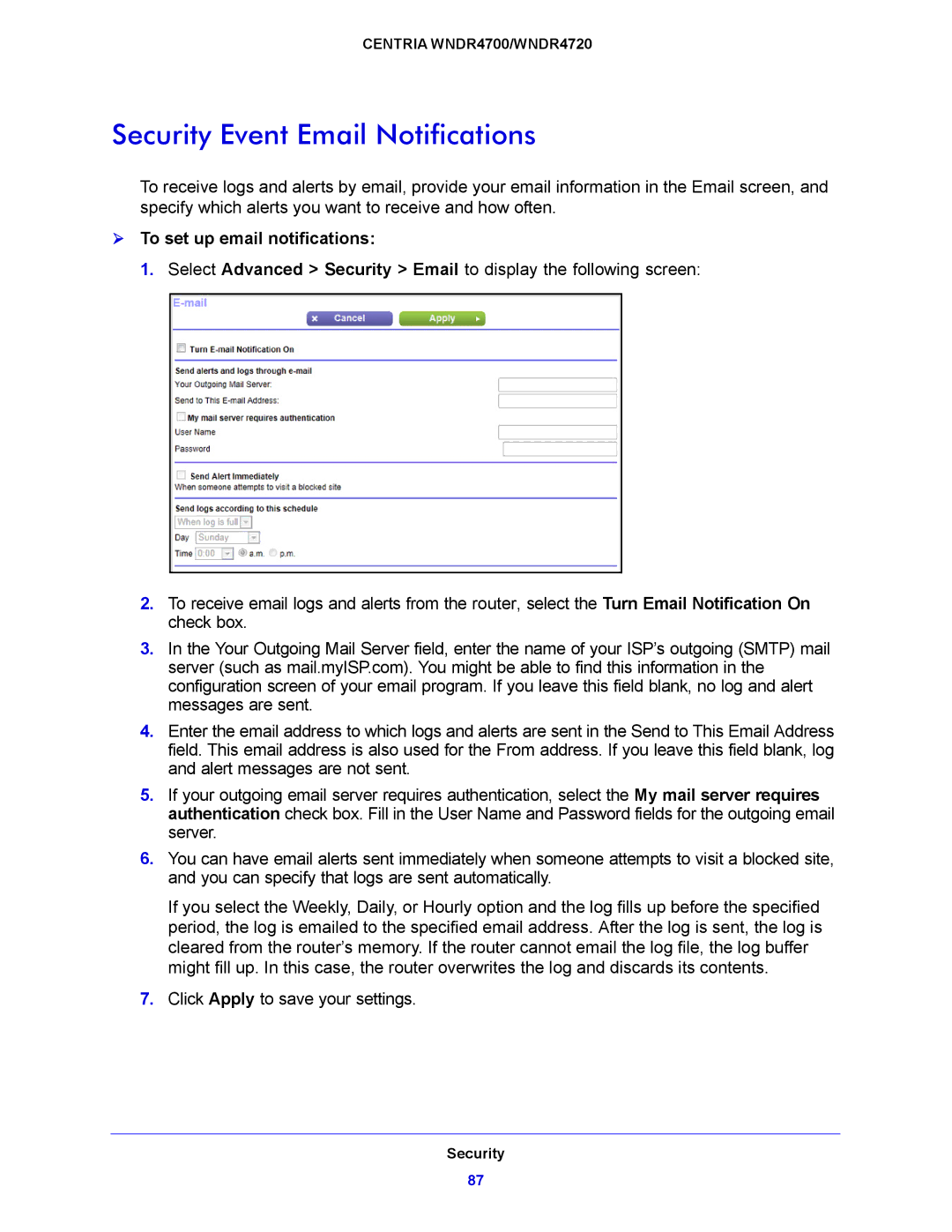 NETGEAR WNDR4720, WNDR4700 user manual Security Event Email Notifications,  To set up email notifications 