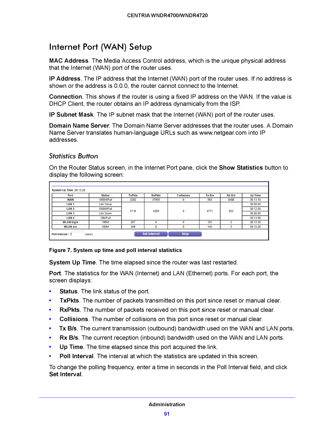 NETGEAR WNDR4720, WNDR4700 user manual Internet Port WAN Setup, Statistics Button 