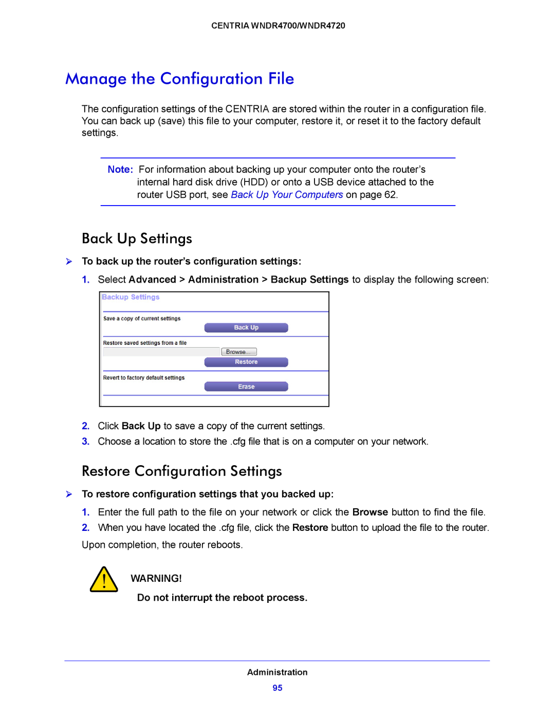 NETGEAR WNDR4720, WNDR4700 user manual Manage the Configuration File, Back Up Settings, Restore Configuration Settings 