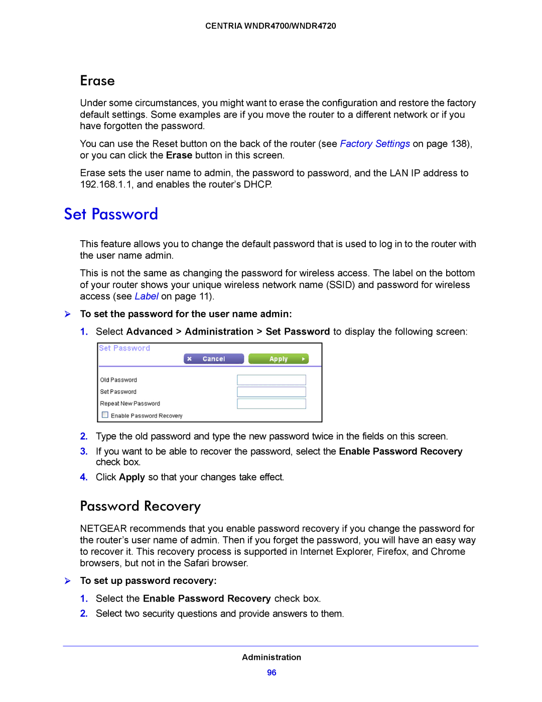 NETGEAR WNDR4700, WNDR4720 user manual Set Password, Erase, Password Recovery 