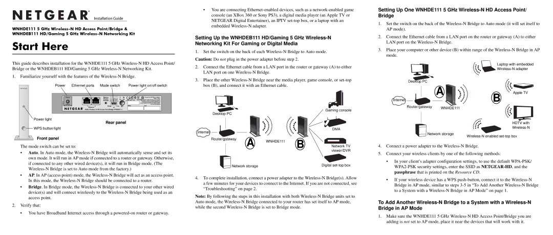 NETGEAR WNHDE11 manual Start Here 