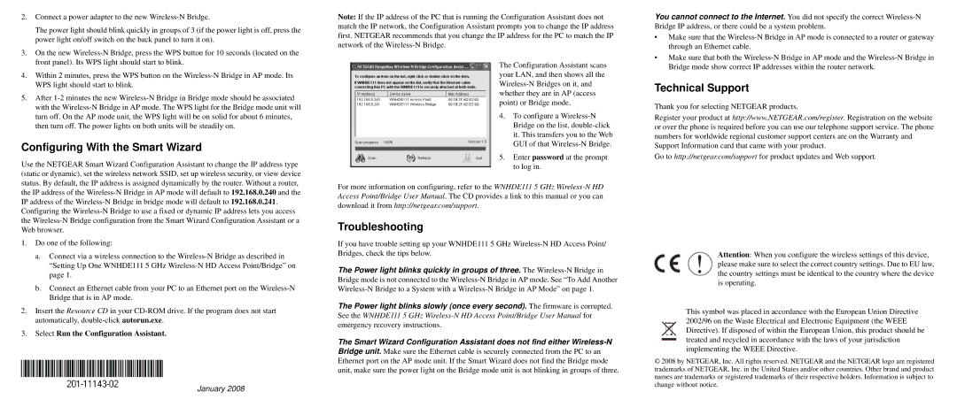 NETGEAR WNHDE11 manual Configuring With the Smart Wizard, Troubleshooting, Technical Support, January 