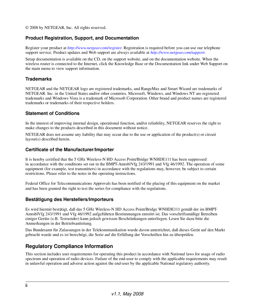 NETGEAR WNHDE111 5GHz user manual Regulatory Compliance Information 