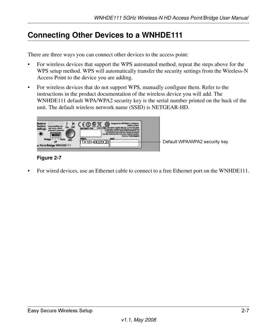 NETGEAR WNHDE111 5GHz user manual Connecting Other Devices to a WNHDE111, 1TX18149020CB 