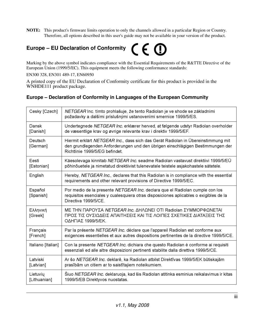 NETGEAR WNHDE111 5GHz user manual Europe EU Declaration of Conformity 