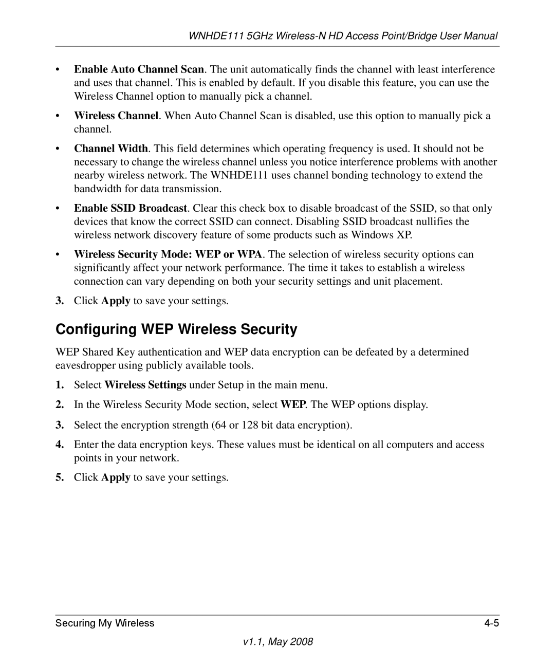 NETGEAR WNHDE111 5GHz user manual Configuring WEP Wireless Security 