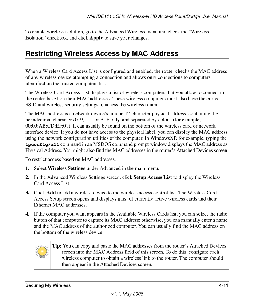 NETGEAR WNHDE111 5GHz user manual Restricting Wireless Access by MAC Address 