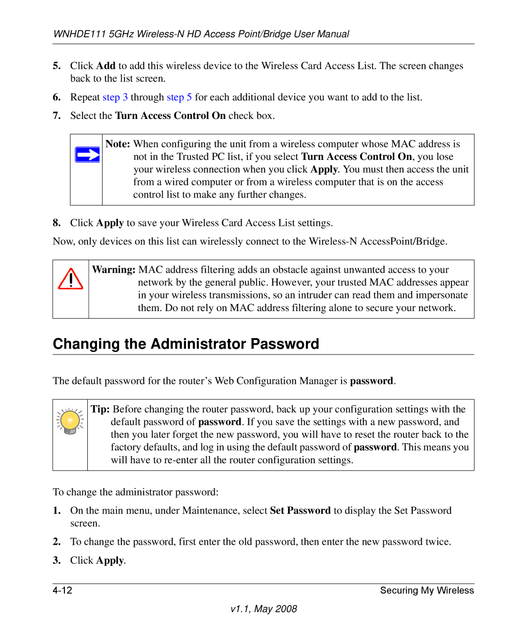 NETGEAR WNHDE111 5GHz user manual Changing the Administrator Password, Select the Turn Access Control On check box 