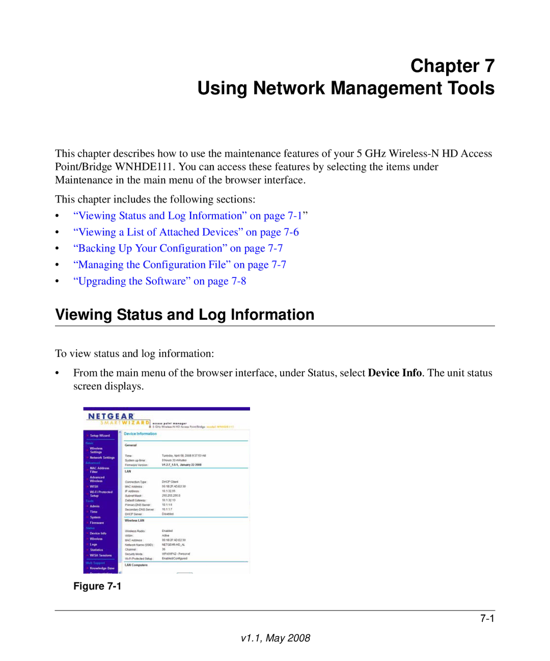 NETGEAR WNHDE111 5GHz user manual Chapter Using Network Management Tools, Viewing Status and Log Information 