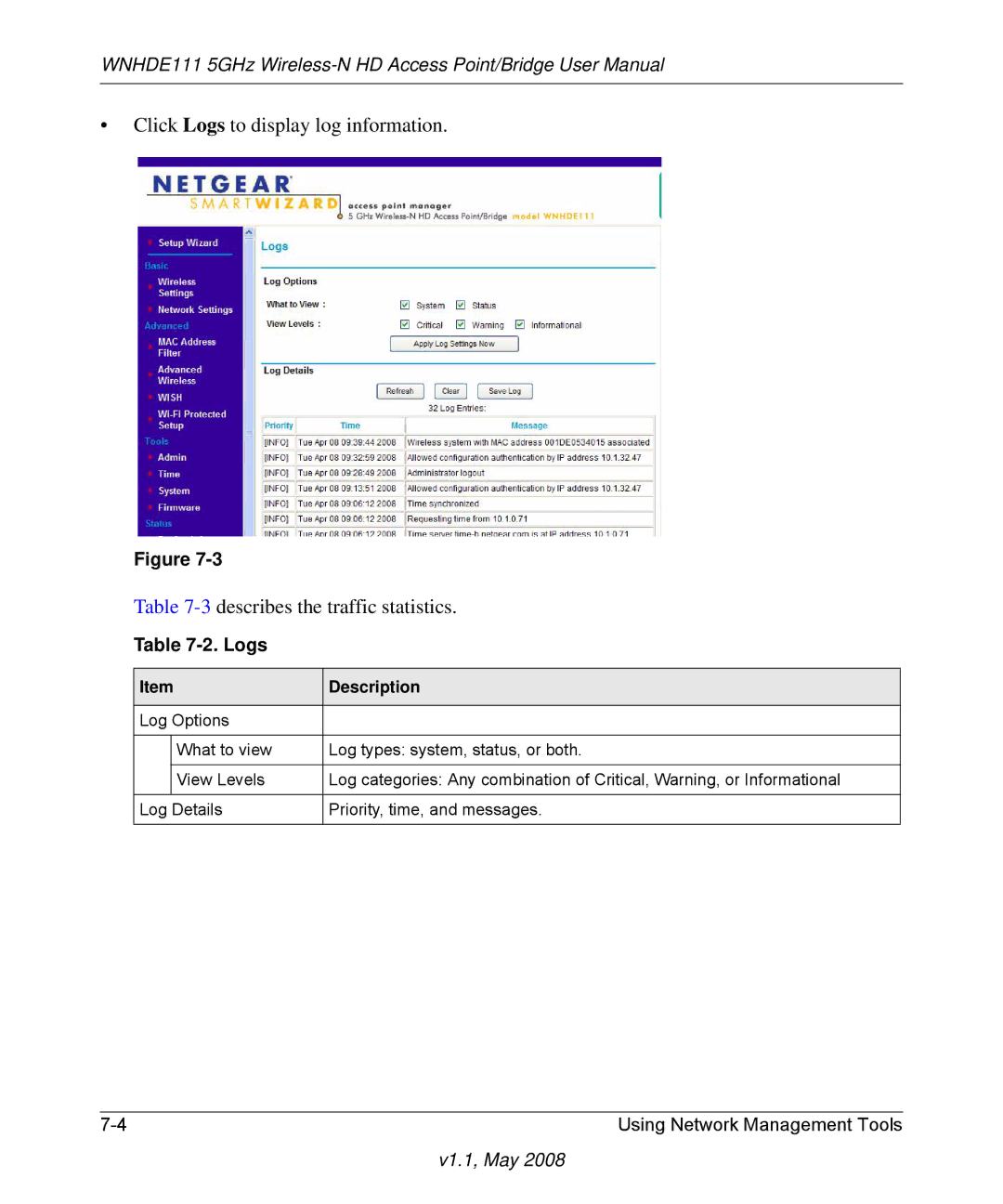 NETGEAR WNHDE111 5GHz user manual Logs 