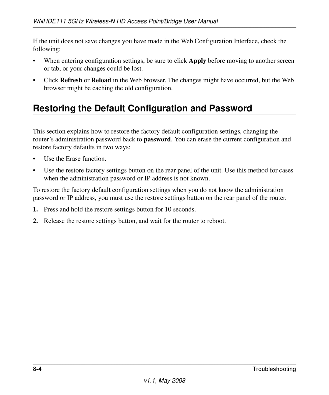 NETGEAR WNHDE111 5GHz user manual Restoring the Default Configuration and Password 