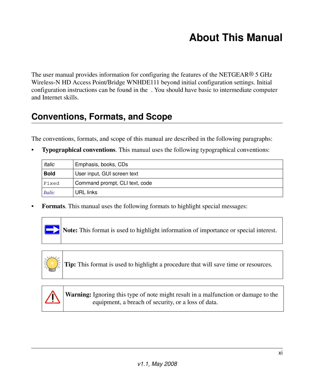 NETGEAR WNHDE111 user manual About This Manual, Conventions, Formats, and Scope 