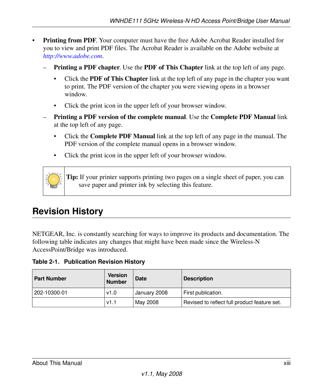 NETGEAR WNHDE111 user manual Publication Revision History 