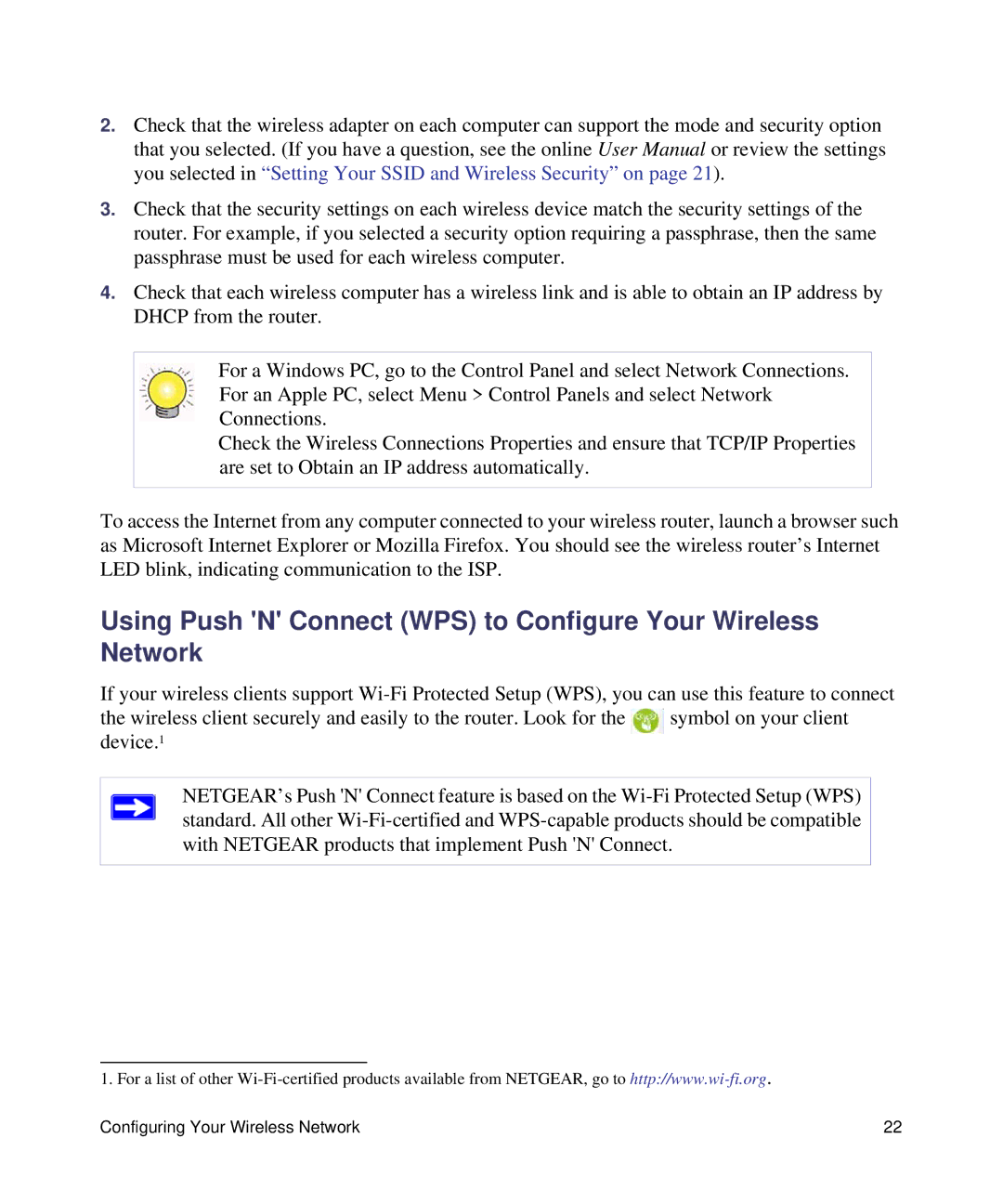 NETGEAR WNR1000, N150 manual Using Push N Connect WPS to Configure Your Wireless Network 