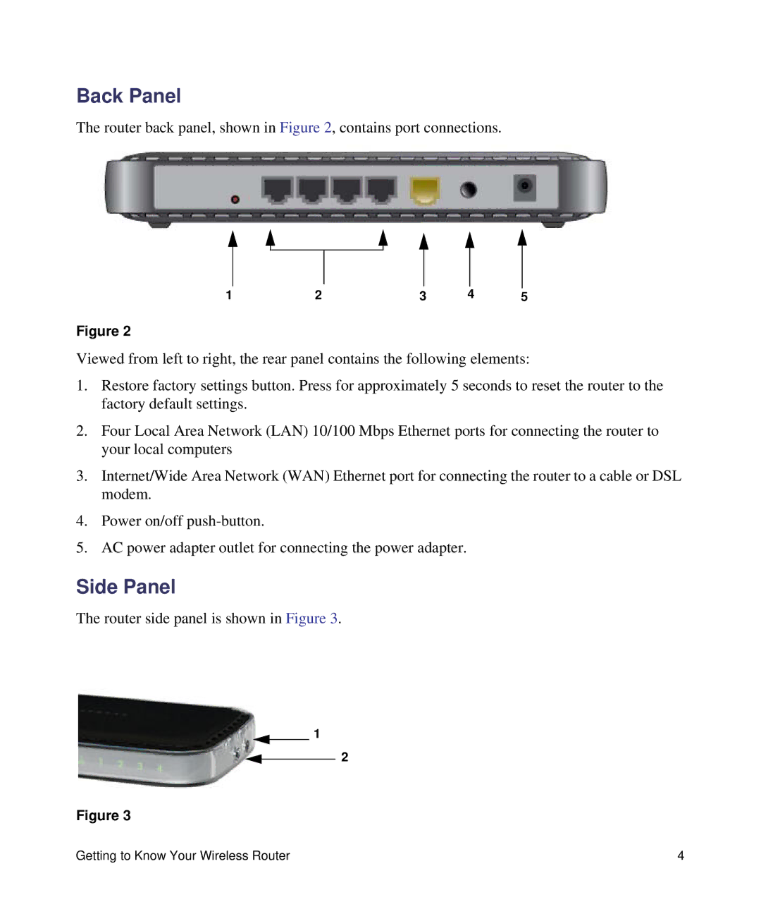 NETGEAR WNR1000, N150 manual Back Panel, Side Panel 