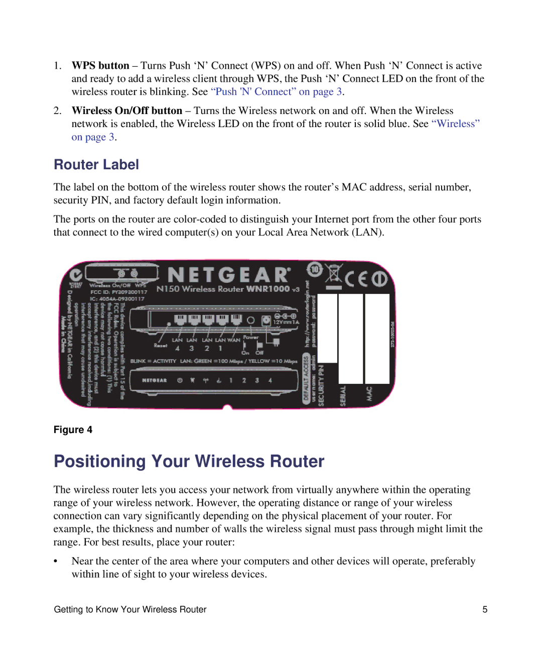 NETGEAR N150, WNR1000 manual Positioning Your Wireless Router, Router Label 