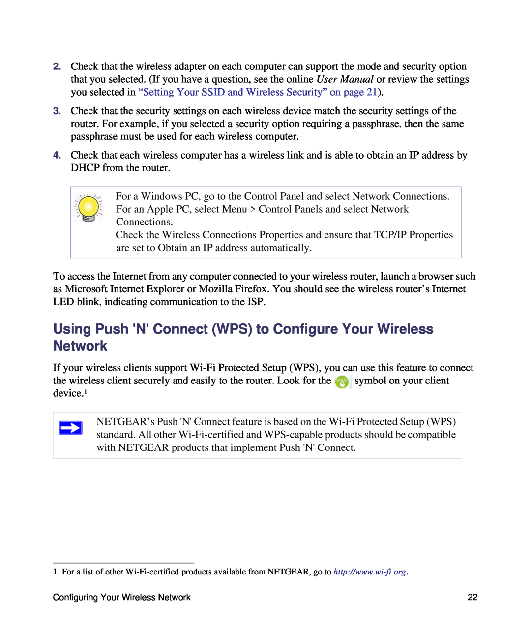 NETGEAR WNR1000, N150 manual Using Push N Connect WPS to Configure Your Wireless Network 