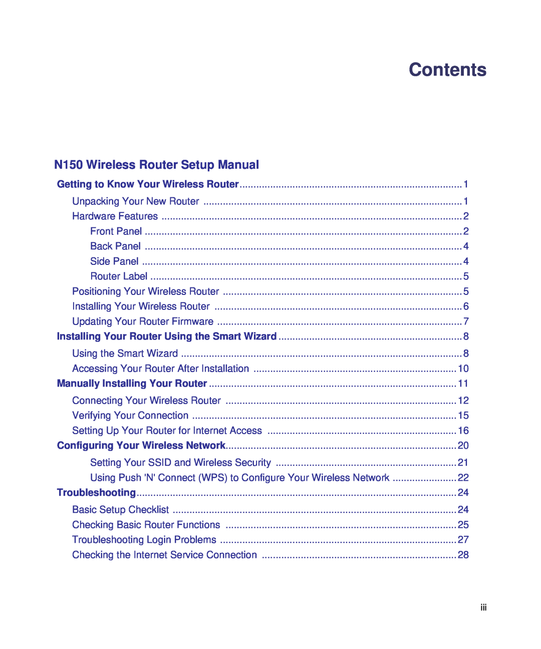 NETGEAR manual Contents, N150 Wireless Router Setup Manual, Using Push N Connect WPS to Configure Your Wireless Network 