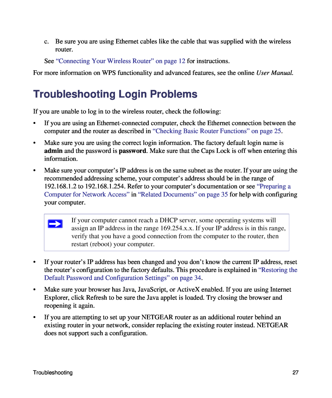 NETGEAR WNR1000, N150 Troubleshooting Login Problems, See “Connecting Your Wireless Router” on page 12 for instructions 