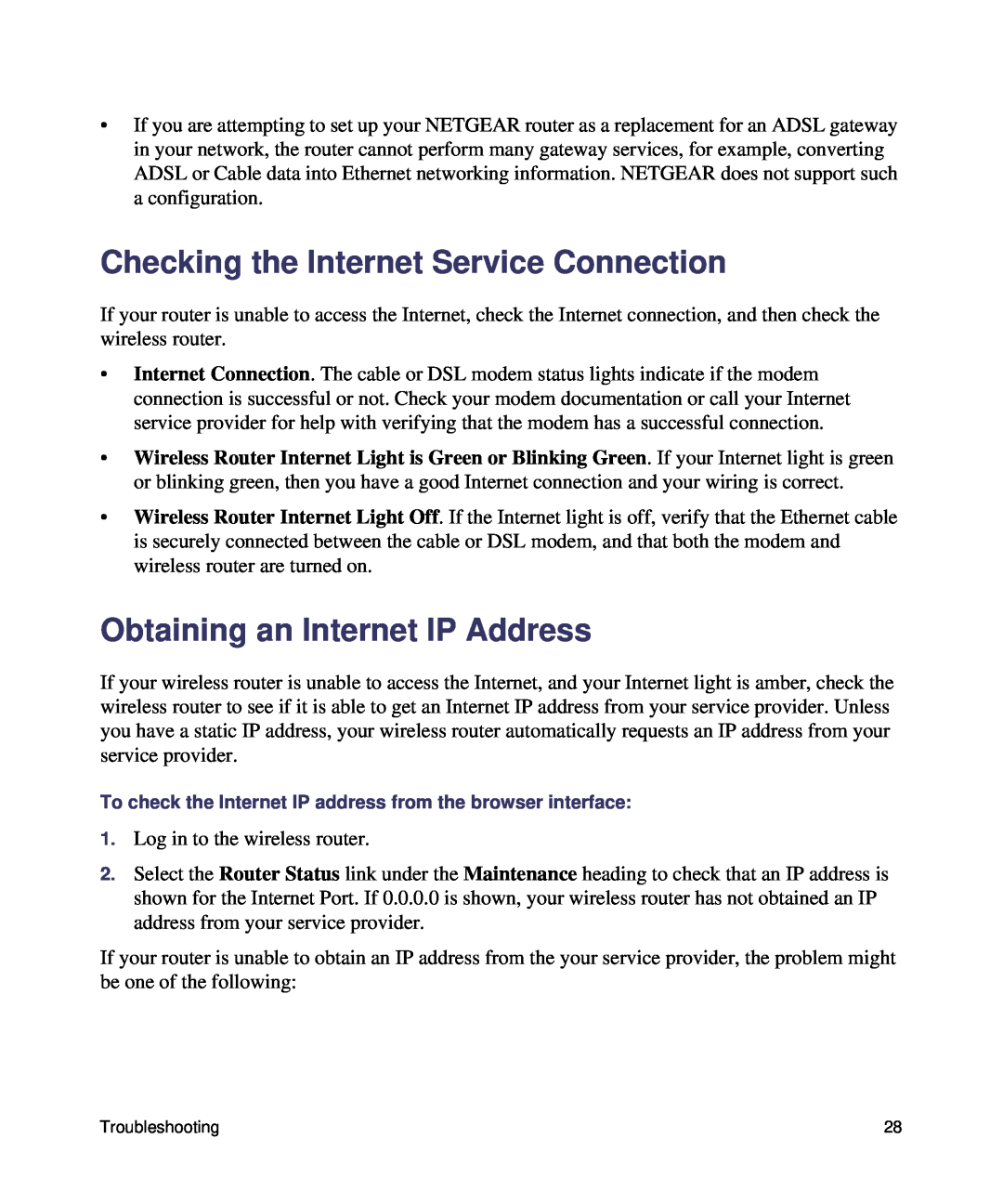 NETGEAR N150, WNR1000 manual Checking the Internet Service Connection, Obtaining an Internet IP Address 