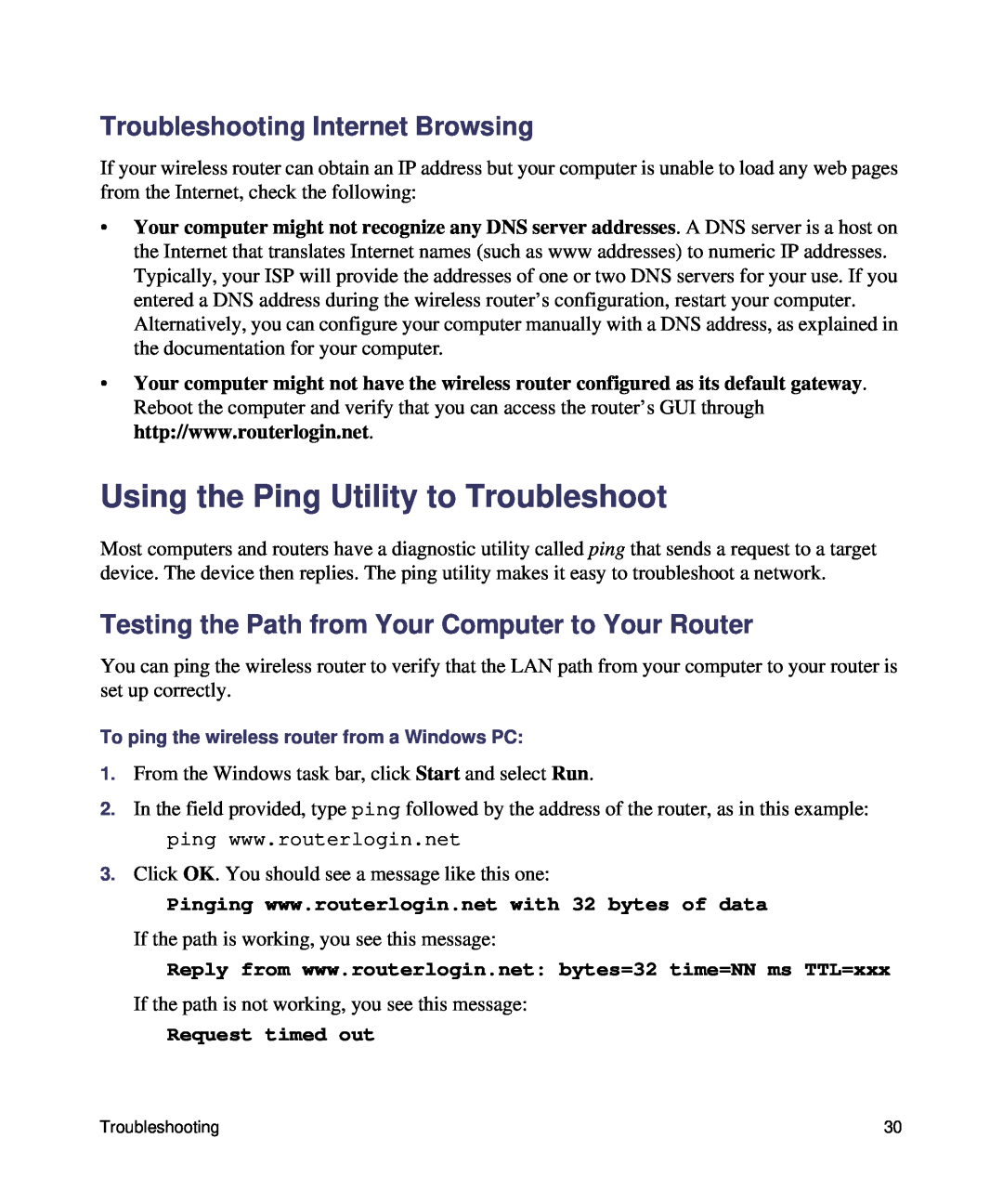 NETGEAR N150, WNR1000 manual Using the Ping Utility to Troubleshoot, Troubleshooting Internet Browsing, Request timed out 