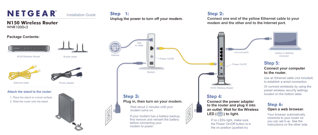 NETGEAR WNR1000v3 manual Modem and the other end to the Internet port, Plug in, then turn on your modem 