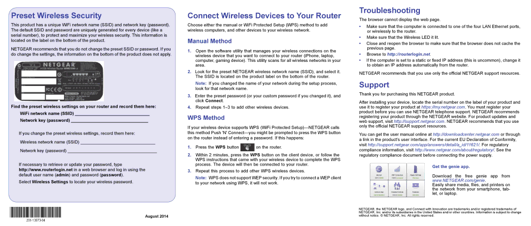 NETGEAR WNR1000v3 manual Preset Wireless Security, Connect Wireless Devices to Your Router, Troubleshooting, Support 