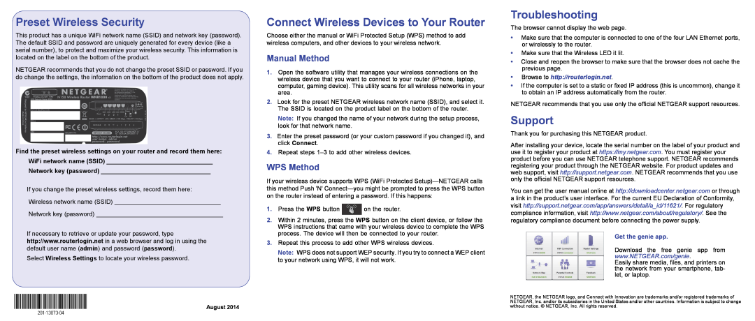 NETGEAR WNR1000v3 Preset Wireless Security, Connect Wireless Devices to Your Router, Troubleshooting, Support, WPS Method 