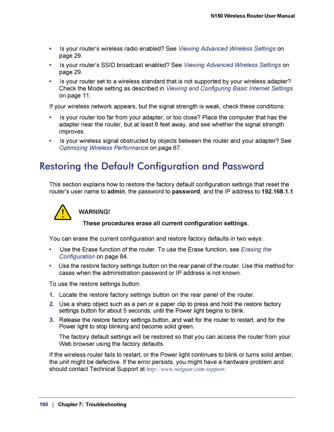 NETGEAR WNR1000v3h2 manual Restoring the Default Configuration and Password 