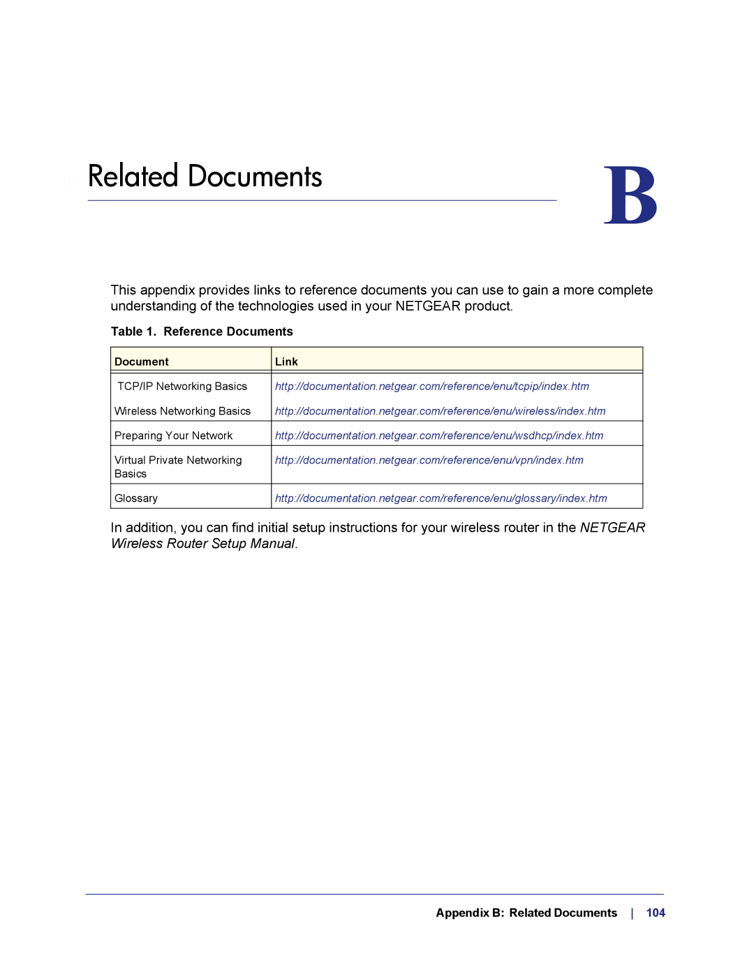 NETGEAR WNR1000v3h2 manual Reference Documents, Appendix B Related Documents 