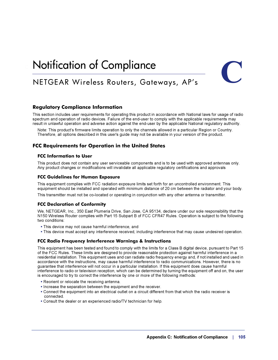 NETGEAR WNR1000v3h2 manual Regulatory Compliance Information, FCC Requirements for Operation in the United States 