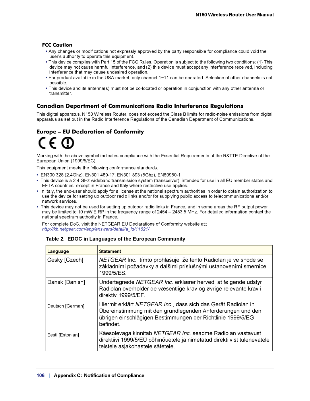 NETGEAR WNR1000v3h2 manual Europe EU Declaration of Conformity, FCC Caution, Edoc in Languages of the European Community 