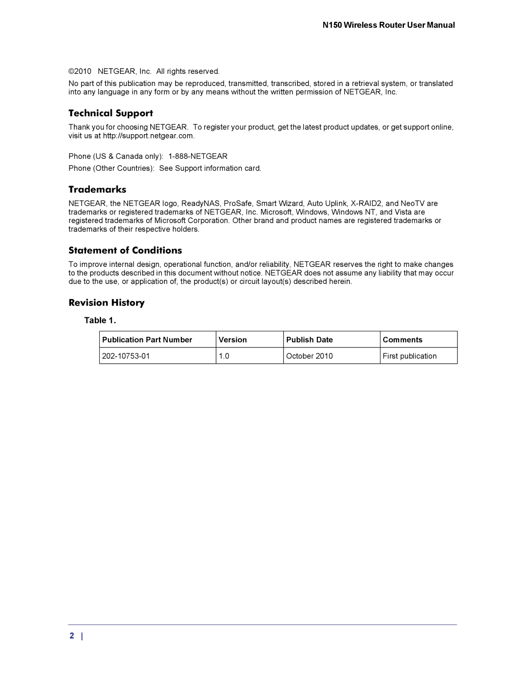 NETGEAR WNR1000v3h2 manual Technical Support, Trademarks, Statement of Conditions, Revision History 