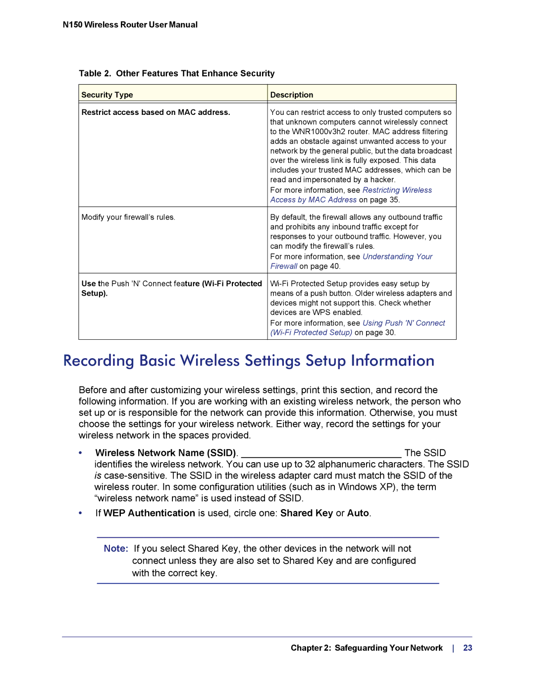 NETGEAR WNR1000v3h2 manual Recording Basic Wireless Settings Setup Information 