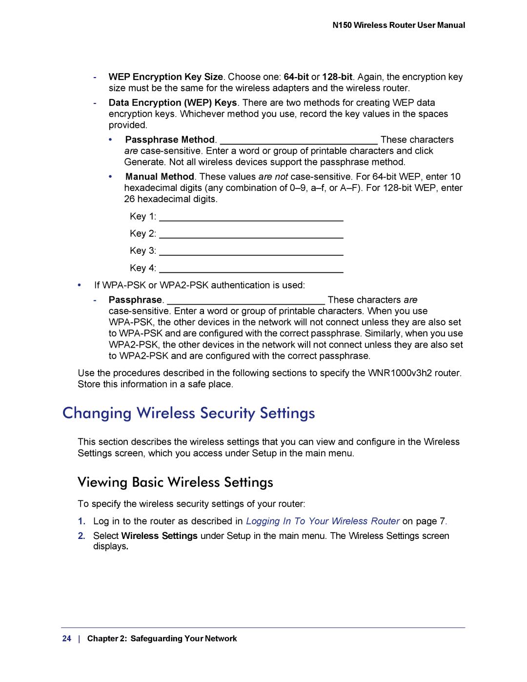 NETGEAR WNR1000v3h2 manual Changing Wireless Security Settings, Viewing Basic Wireless Settings 