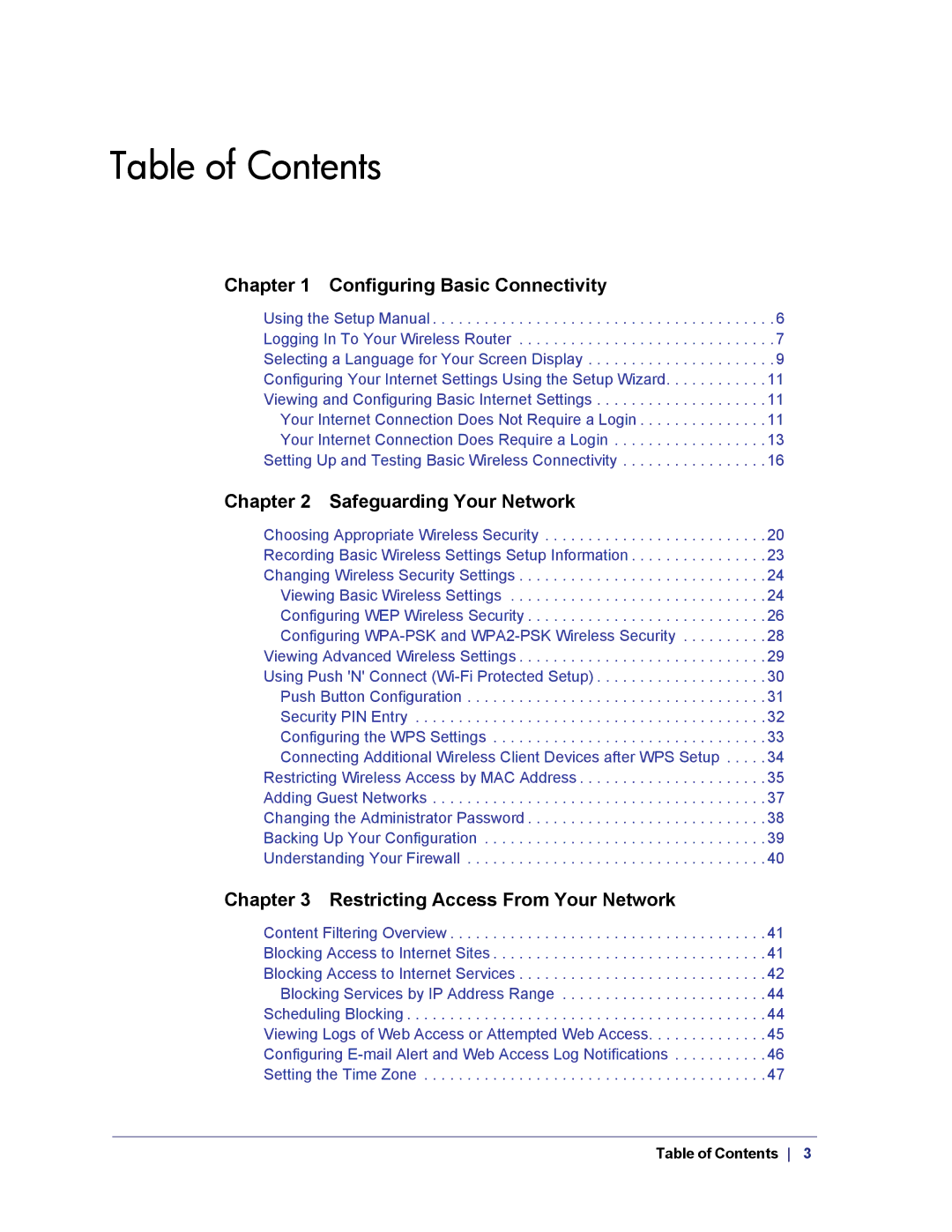 NETGEAR WNR1000v3h2 manual Table of Contents 