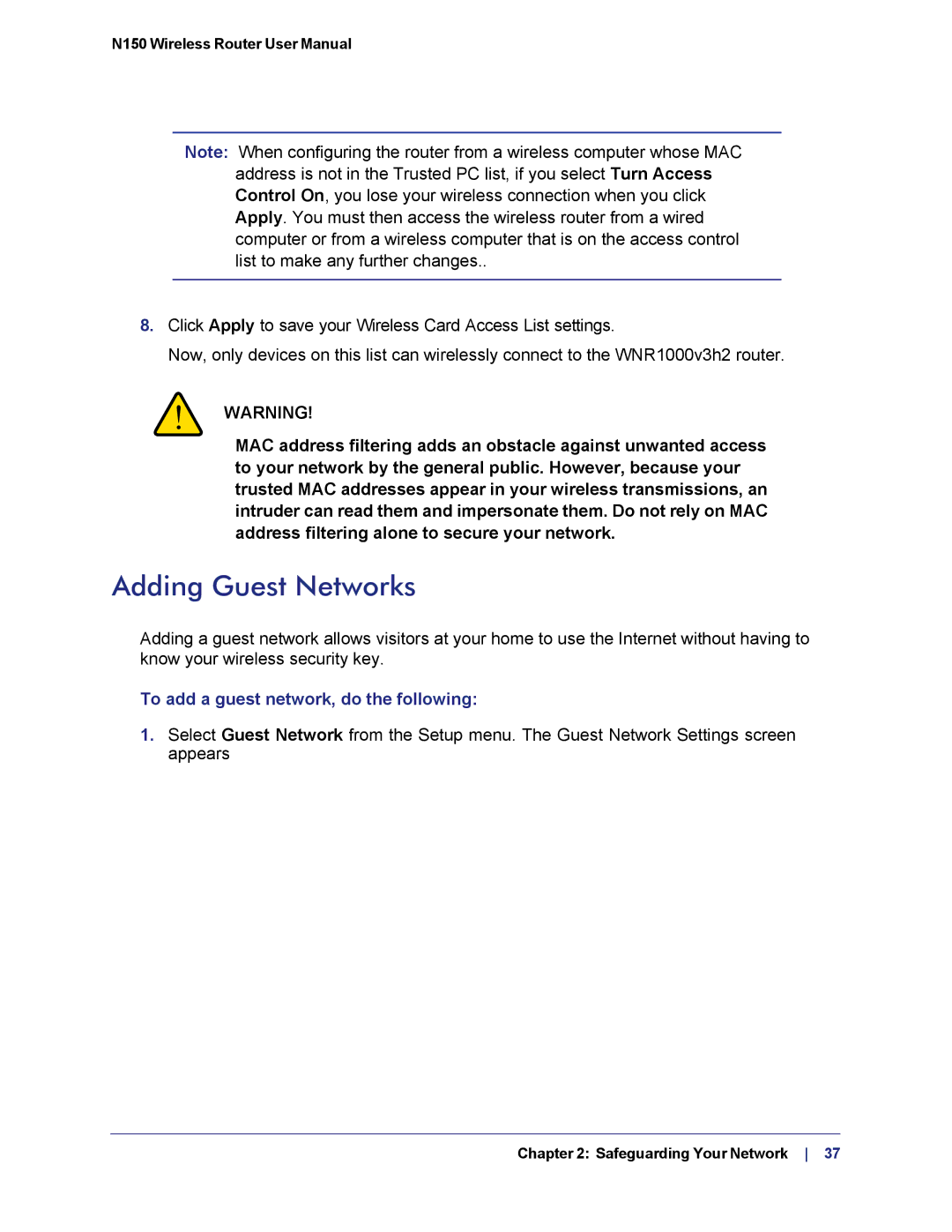 NETGEAR WNR1000v3h2 manual Adding Guest Networks, To add a guest network, do the following 