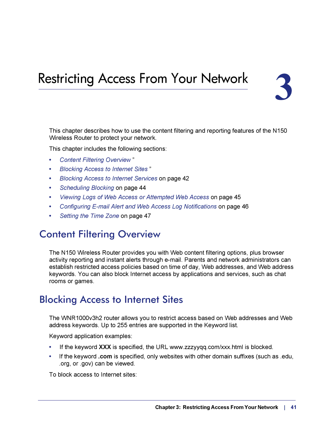 NETGEAR WNR1000v3h2 Content Filtering Overview, Blocking Access to Internet Sites, Restricting Access From Your Network 