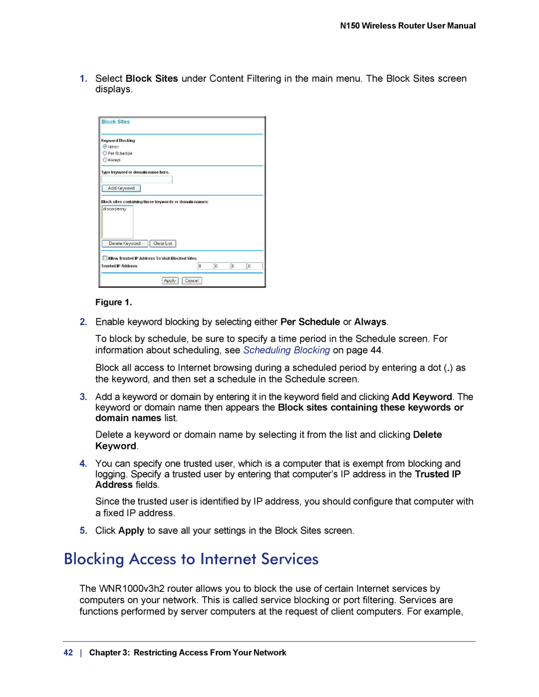 NETGEAR WNR1000v3h2 manual Blocking Access to Internet Services 