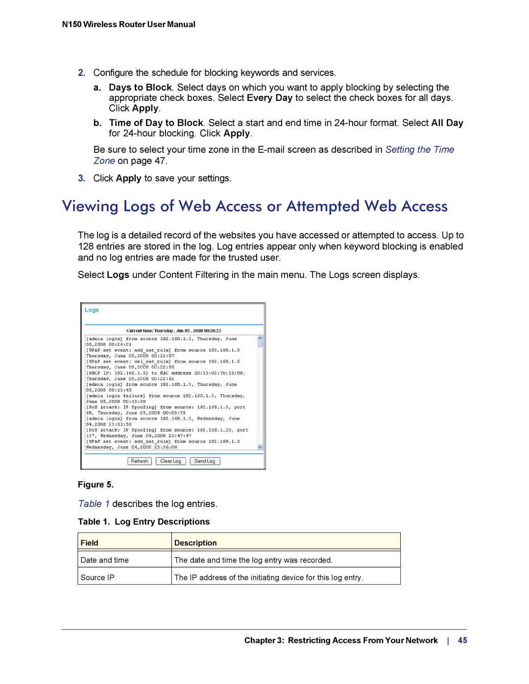 NETGEAR WNR1000v3h2 manual Viewing Logs of Web Access or Attempted Web Access, Log Entry Descriptions 