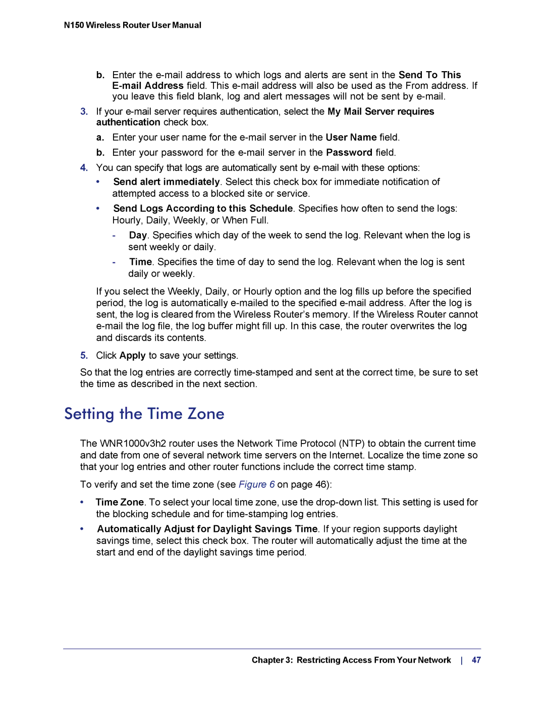 NETGEAR WNR1000v3h2 manual Setting the Time Zone 